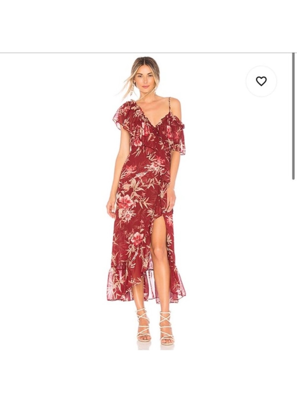 Misa Los Angeles Burgundy Floral High-Low Ruffle Midi Dress